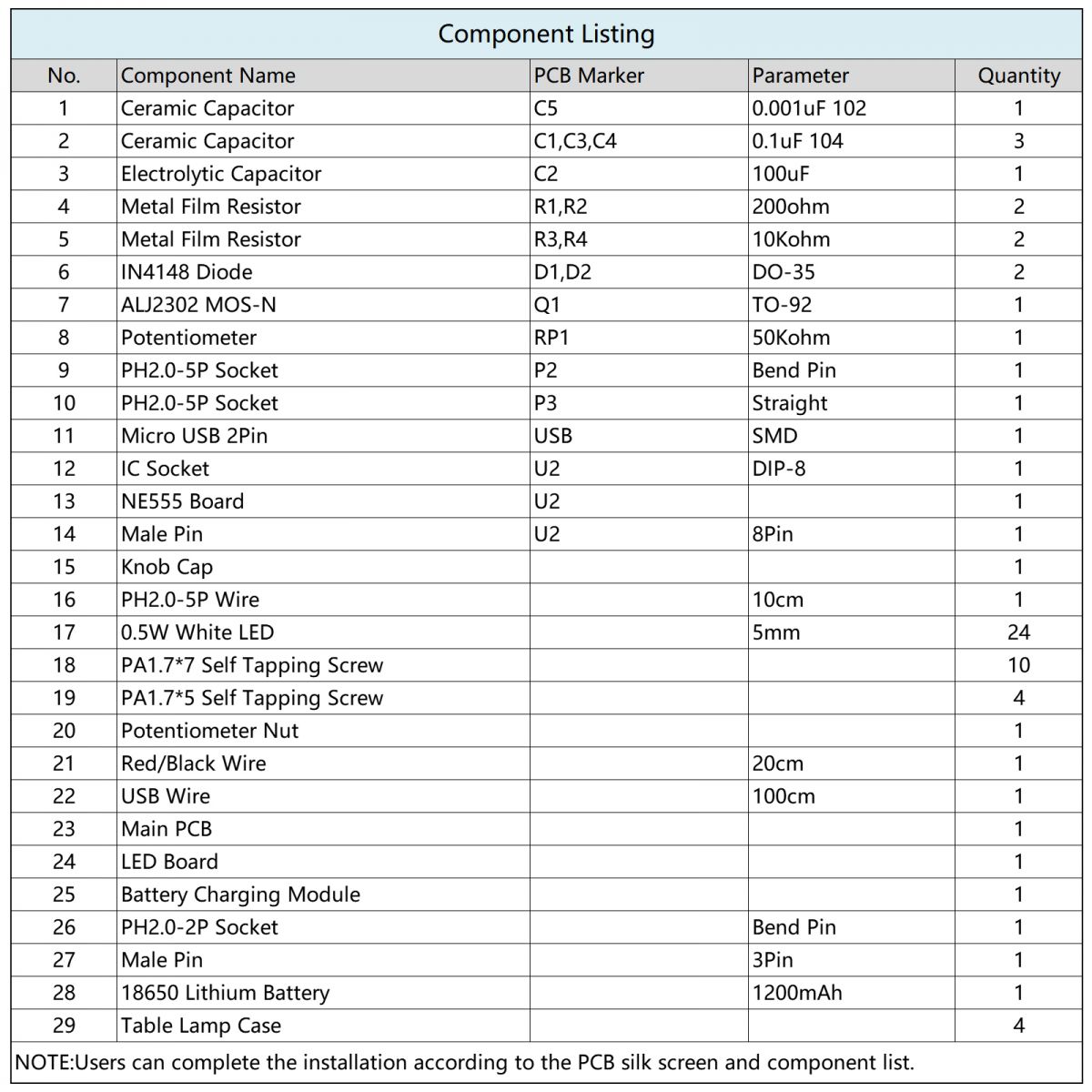DIY Kit LED Dimming Table Lamp with Rechargeable 18650 Lithium Battery
